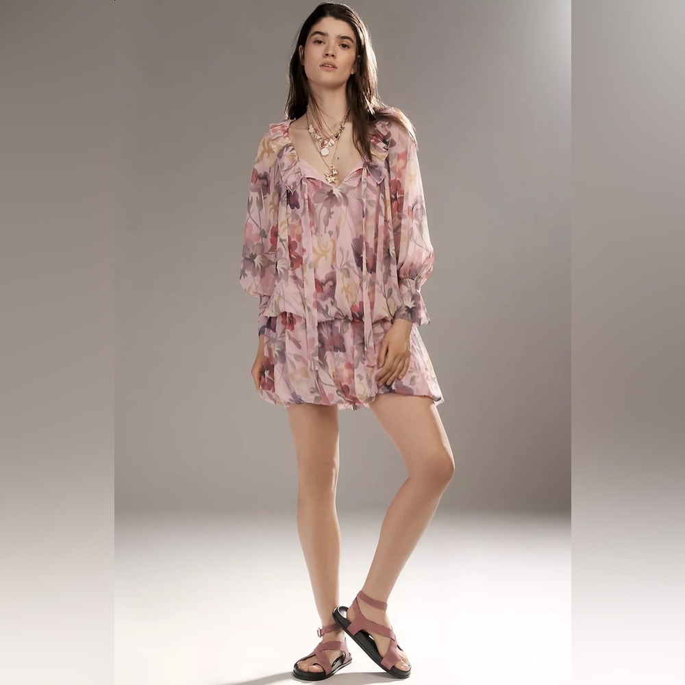 Mare Mare Floral Chiffon Long-Sleeve Mini Dress